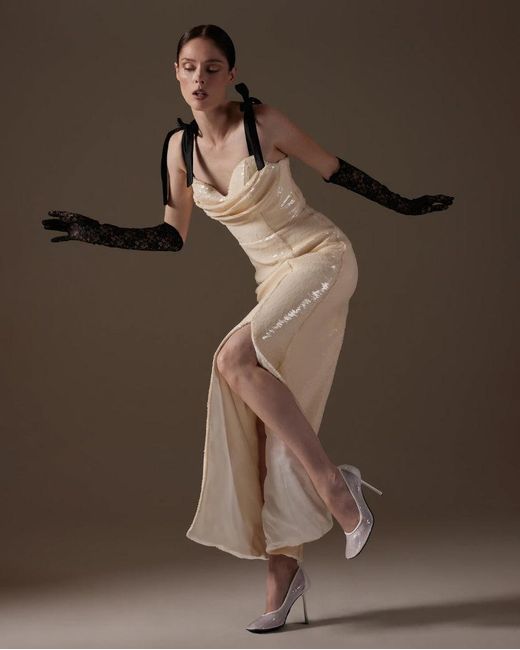 RVNG Couture Natural Taylor Draped Sequin Gown