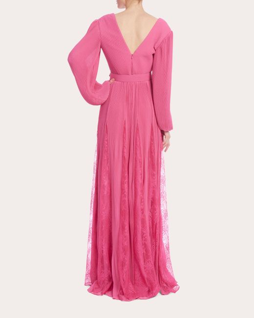 Badgley Mischka Pink Pleated Lace Godet Gown