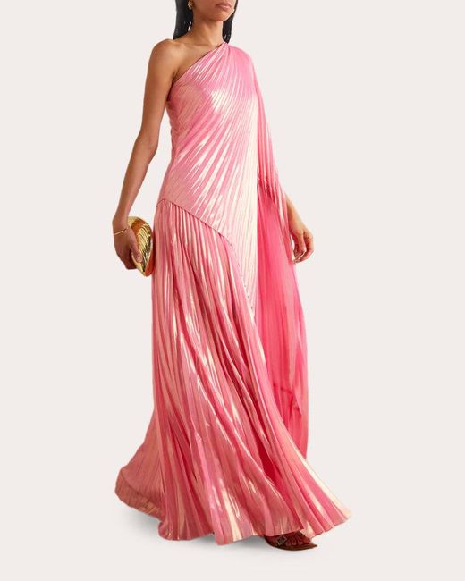 SemSem Pink Draped Plissé Lamé Asymmetric Maxi Dress