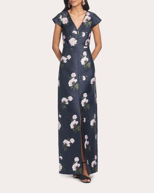 Sachin & Babi Blue Della Floral Mikado Cap-Sleeve Gown