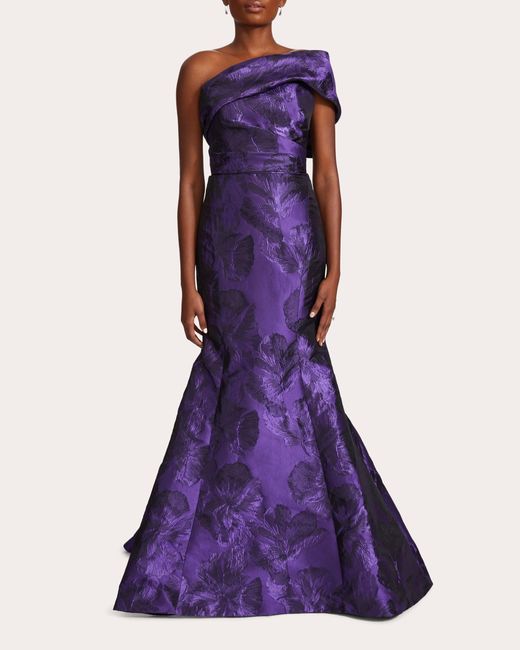 Amsale Purple Floral Jacquard Asymmetric Mermaid Gown