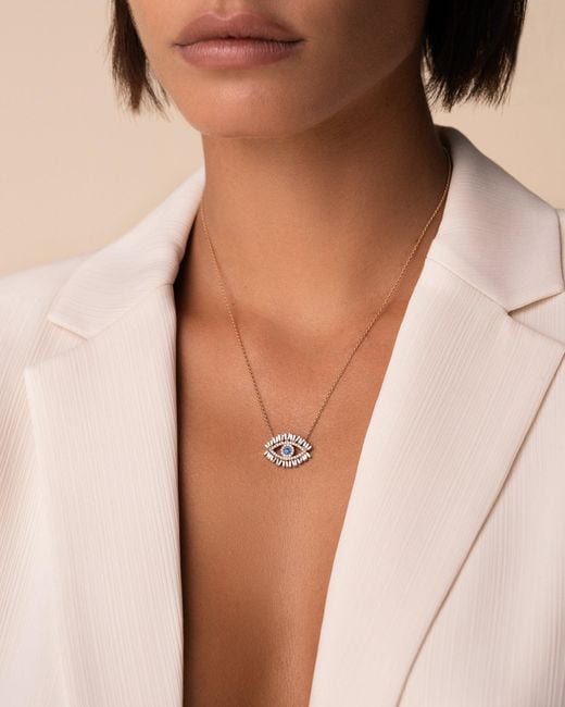 Suzanne Kalan White Evil Eye Light Sapphire Pavé Pendant Necklace 18k Gold
