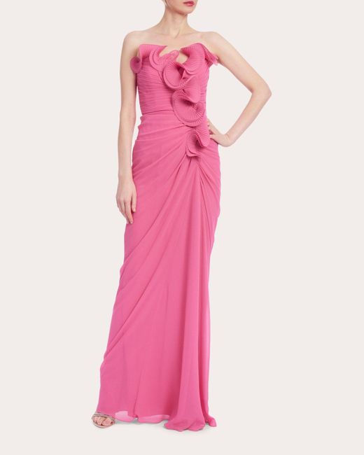 Badgley Mischka Pink Sculptural Ruffle Strapless Gown