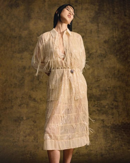 3.1 Phillip Lim Natural Embroidered Sequin Fringe Crepe Cascade Blouse
