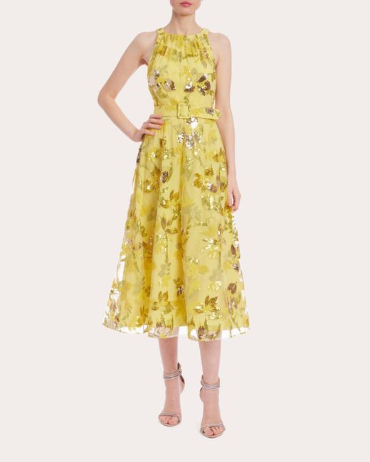 Badgley Mischka Yellow Sequin Tulle Midi Dress