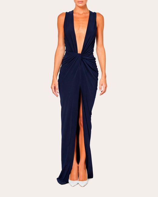 LAQUAN SMITH Blue Ruched Deep-v Gown