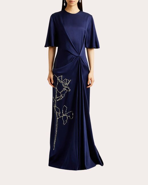 Erdem Blue Draped Crystal-Embellished Cady Gown