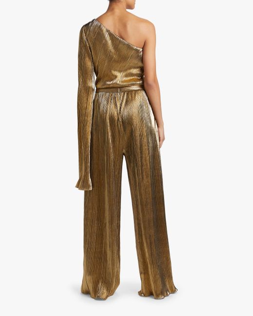 gold metallic sheer plisse wide leg jumpsuit