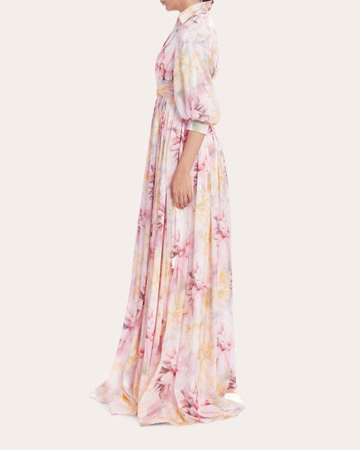 Badgley Mischka Pink Pleated Floral Gown