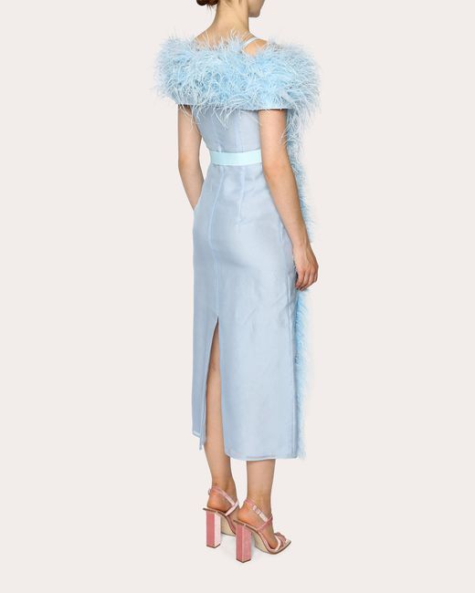 Huishan Zhang Blue Angelina Feathered Midi Dress