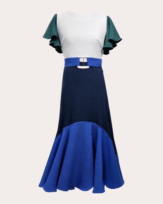 Edeline Lee Blue Dada Jacquard Midi Dress