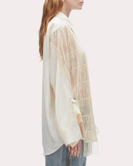 3.1 Phillip Lim Natural Embroidered Sequin Fringe Crepe Cascade Blouse