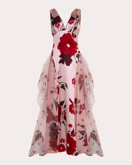 Estefania Red Cherry Blossom Silk Maxi Dress