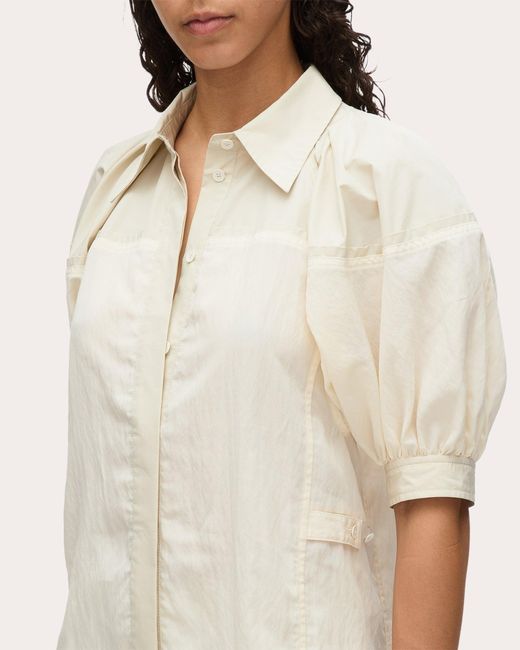 3.1 Phillip Lim Natural Poplin Combo Lantern-Sleeve Button-Up Top