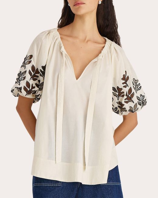 Merlette Natural Lumi Embroidered Voile Tie-Neck Top