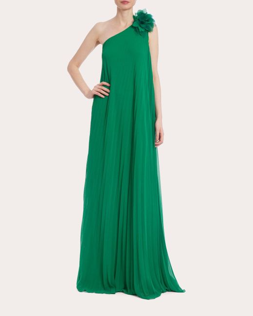 Badgley Mischka Green Asymmetric Pleated Georgette Gown