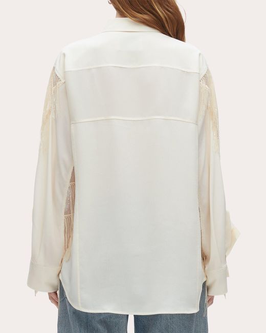3.1 Phillip Lim Natural Embroidered Sequin Fringe Crepe Cascade Blouse