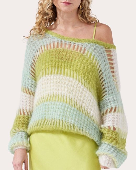 Hayley Menzies Yellow Gwen Stripe Open-Knit Wool Off-Shoulder Sweater Polyamide
