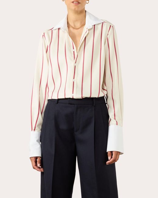 With Nothing Underneath White The Boyfriend Stripe Tencel Exaggerated-Cuff Button-Up Shirt