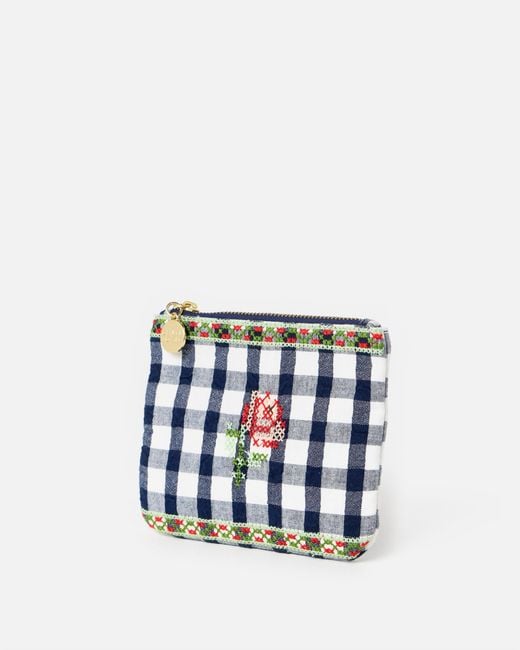Oliver Bonas Blue Gingham Rose Embroidered Zipped Pouch