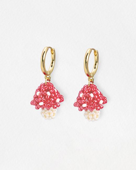 Oliver Bonas Red Mandy Mushroom Beaded Drop Hoop Earrings