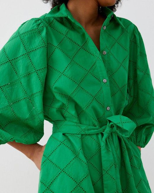 Oliver Bonas Green Broderie Mini Shirt Dress