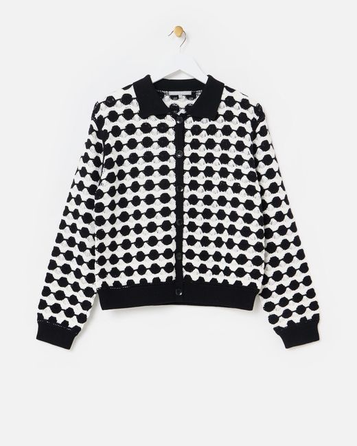 Oliver Bonas Black Monochrome Scalloped Collared Knitted Cardigan, Size S