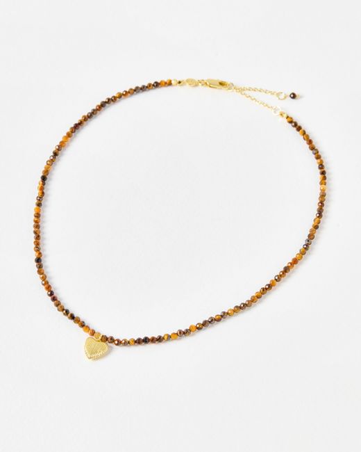 Oliver Bonas White Hestia Tiger's Eye & Engraved Heart Charm Beaded Pendant Necklace