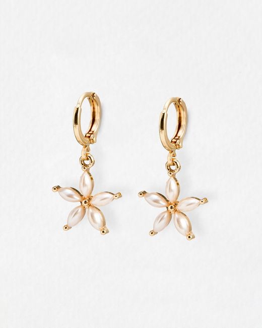 Oliver Bonas White Herba Faux Pearl Flower Drop Huggie Earrings