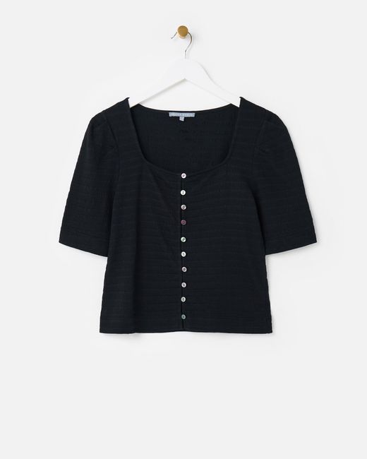 Oliver Bonas Black Textured Button Through Square Neck Top, Size 12