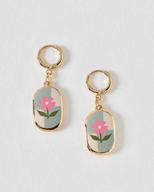 Oliver Bonas White Noelle Flower Oval Charm Huggie Earrings