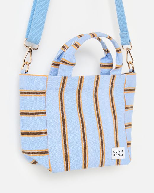 Oliver Bonas Blue & Brown Striped Logo Fabric Mini Tote Crossbody Bag