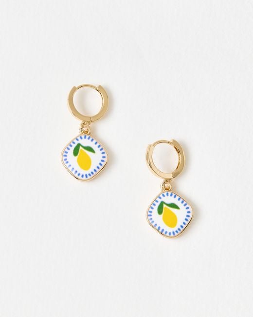 Oliver Bonas White Emory Lemon Detail Charm Drop Huggie Earrings
