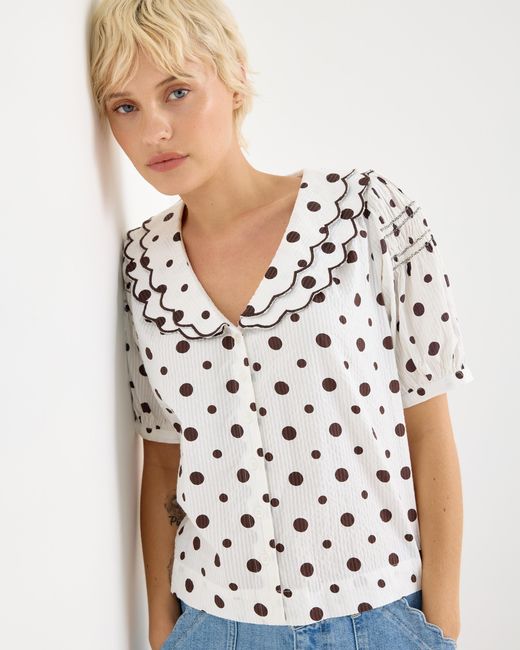 Oliver Bonas White & Brown Polka Dot Frill Collar Blouse, Size 16