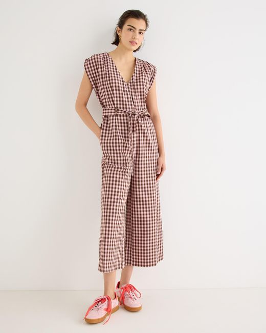 Oliver Bonas Pink & Brown V-neck Gathered Shoulder Cotton Cropped Jumpsuit, Size 10