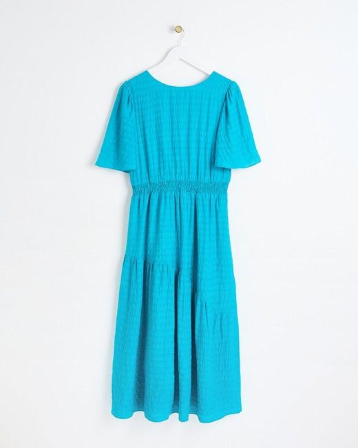 Oliver Bonas Blue Teal Textured Tiered Midi Dress