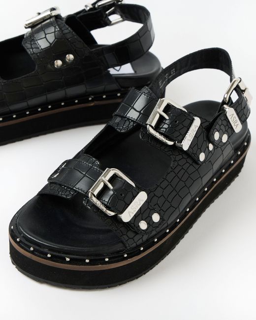 ASRA Black Sami Croc Leather Double Buckle Sandals, Size Uk 3