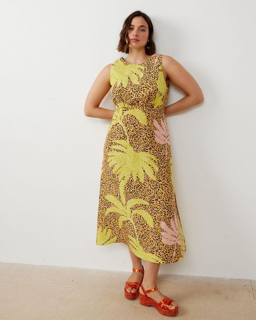 Oliver Bonas Metallic Yellow Palm Print Midi Dress, Size 18
