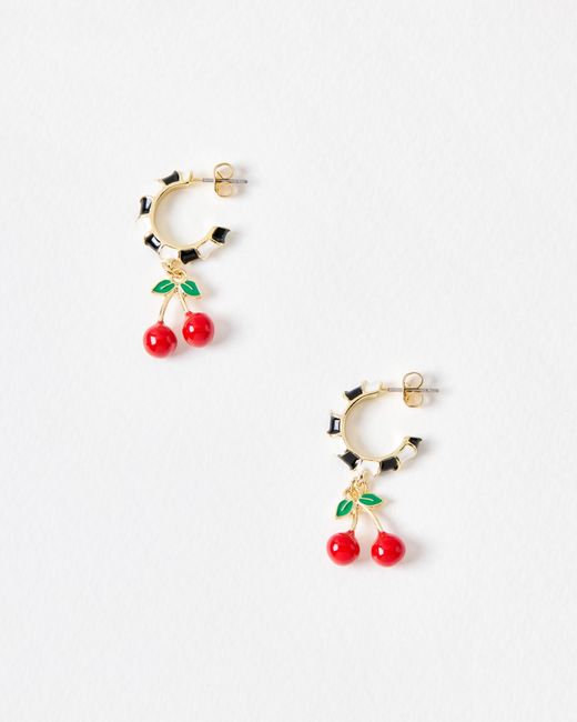 Oliver Bonas Red Florie Cherry Charm Striped Hoop Earrings