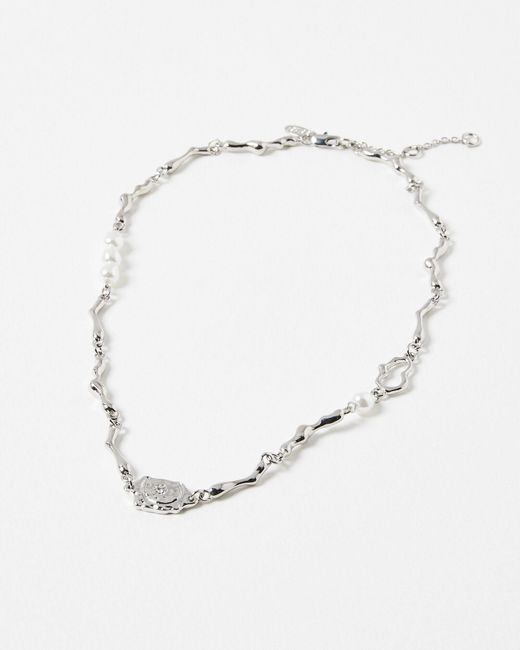 Oliver Bonas White Pavati Molten Metal & Faux Pearl Silver Short Necklace