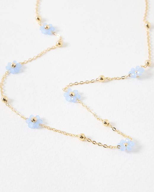Oliver Bonas White Rosaria Blue Beaded Flower Chain Necklace