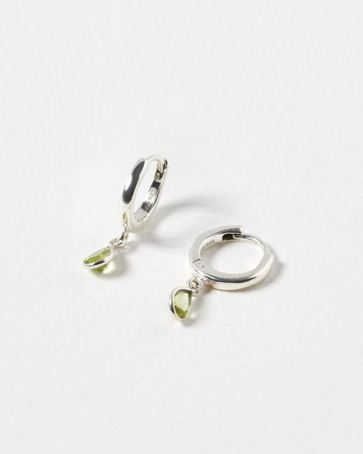Oliver Bonas White Auden Tiny Teardrop Green Peridot & Silver Huggie Earrings