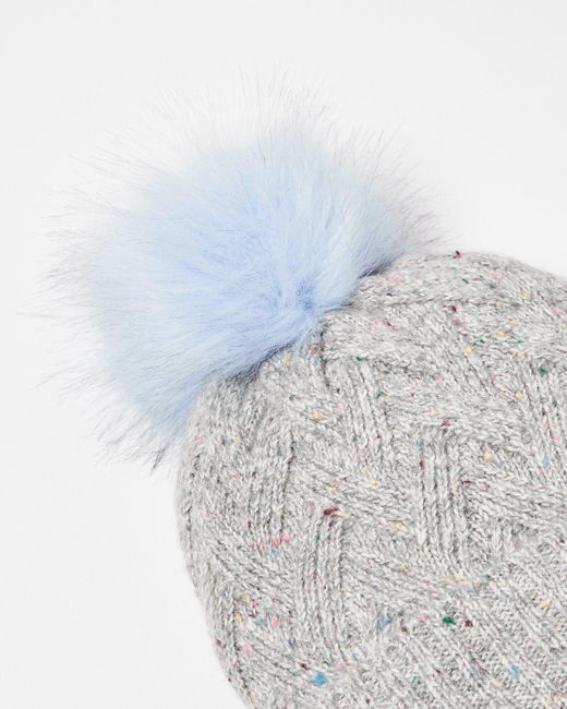 Oliver Bonas White Flecked Grey & Blue Pom Knitted Beanie Hat