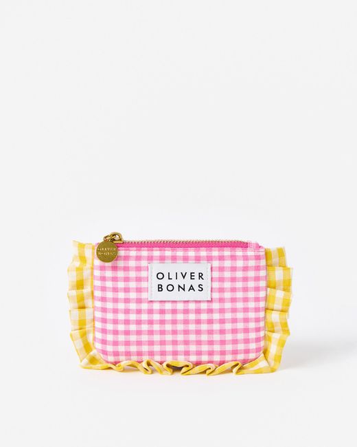 Oliver Bonas Pink & Yellow Gingham Ruffle Zipped Pouch