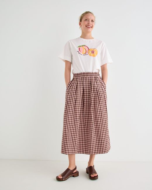 Oliver Bonas White & Brown Gingham Elasticated Waist Cotton Midi Skirt, Size 10