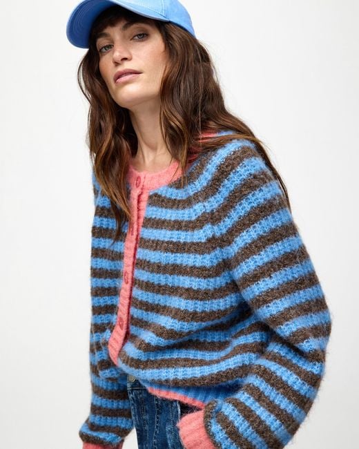 Oliver Bonas Blue Brown & Striped Ribbed Crew Neck Knitted Cardigan, Size 6