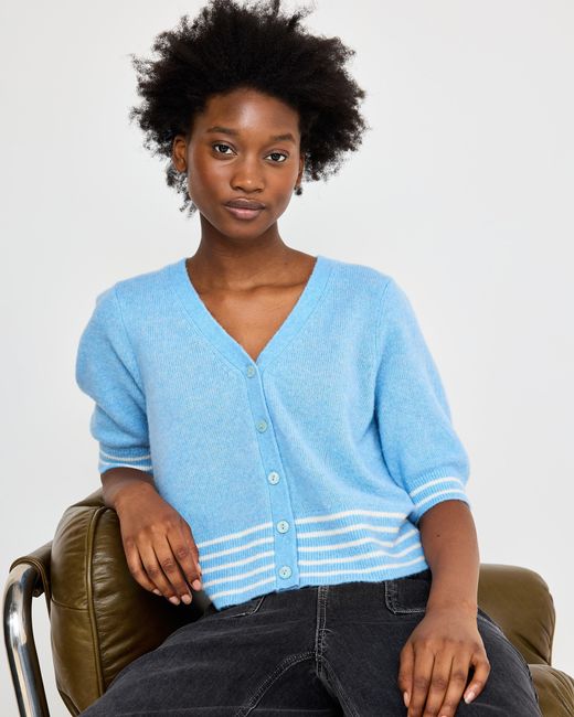Oliver Bonas & White Striped V-neck Short Sleeve Knitted Cardigan, Size 10
