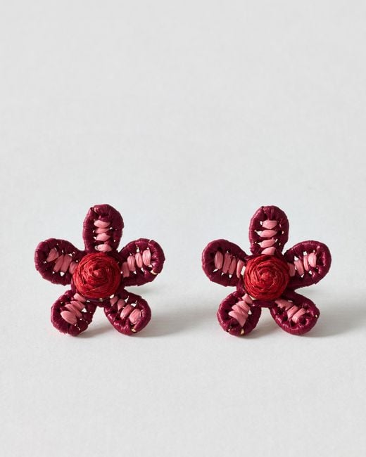 Oliver Bonas Red Jessie Woven Flower Stud Earrings