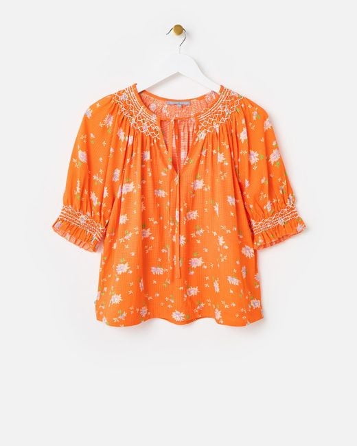Oliver Bonas Orange Floral Textured Shirred Blouse, Size 6