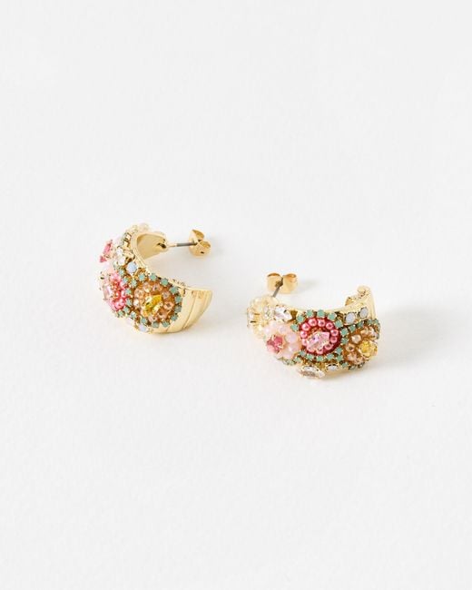 Oliver Bonas White Lydia Pink & Green Beaded Flower Hoop Earrings